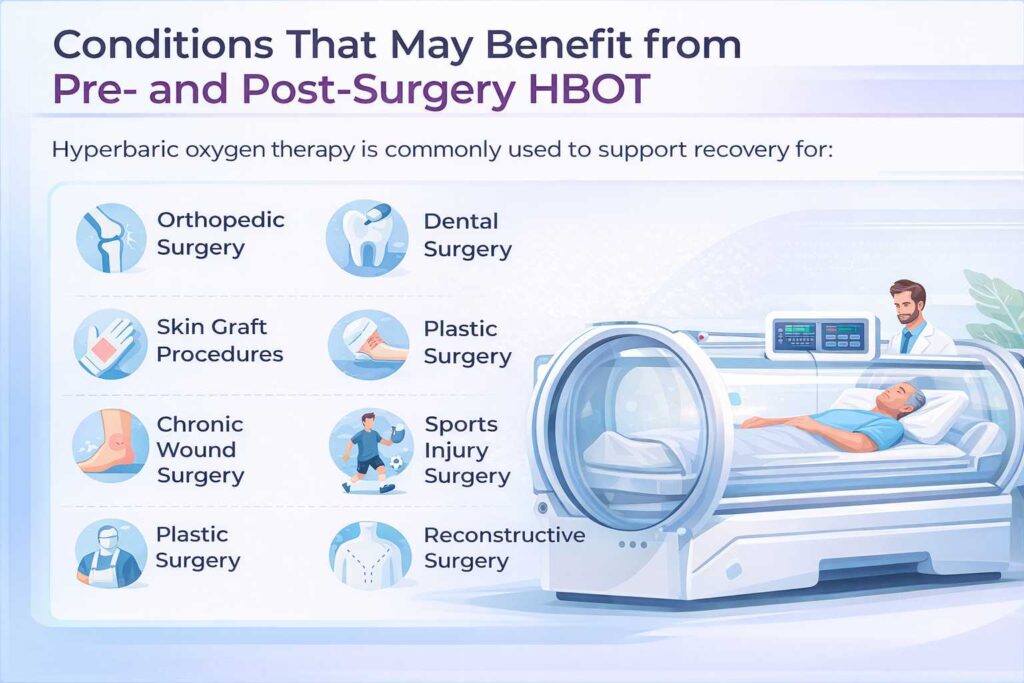 Conditions benefiting from pre- and post-surgery HBOT